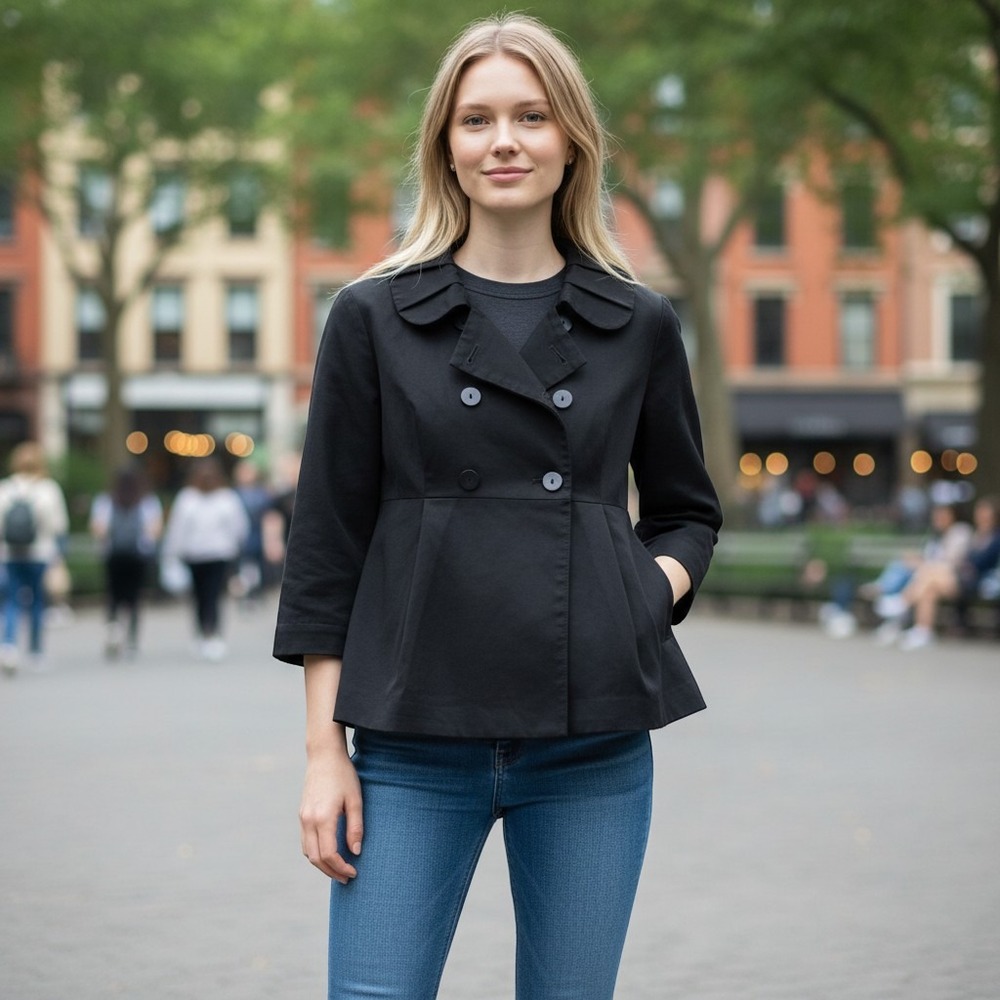 Mossimo Pea Coat Jacket Womens Medium Pleated Peter Pan Collar Black Excellent